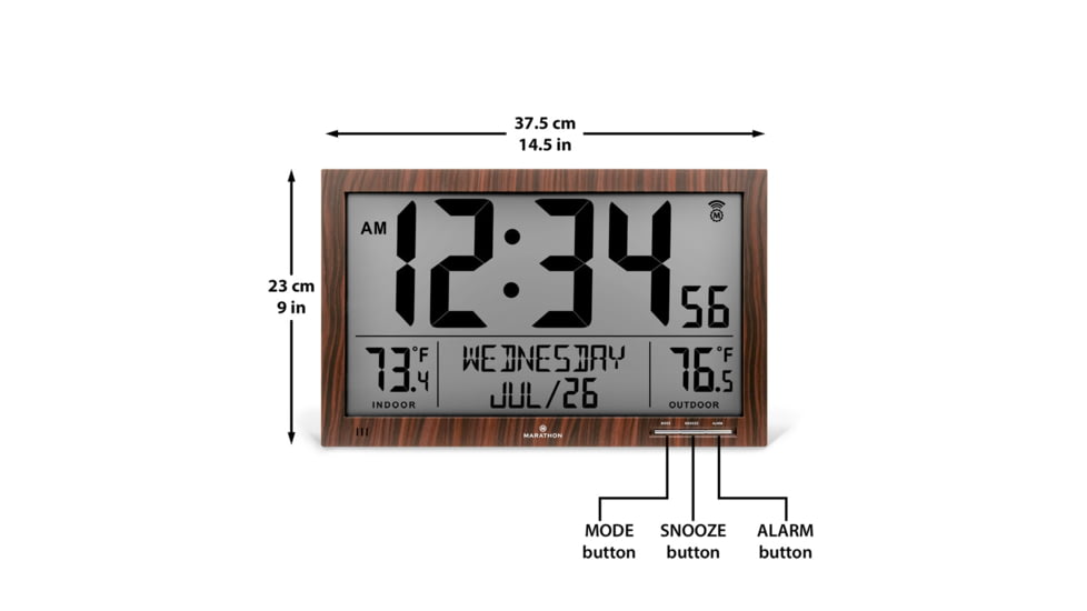 Marathon Slim Atomic Full Calendar Wall Clock w/ Indoor/Outdoor Temperature, Wood, 14.6in x 1.2in x 9in, CL030066-WD-FD-NA