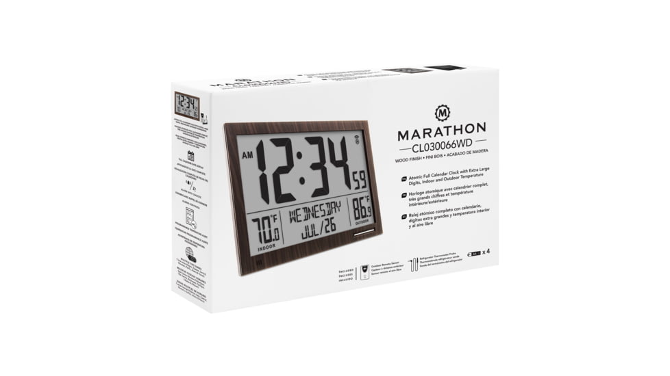 Marathon Slim Atomic Full Calendar Wall Clock w/ Indoor/Outdoor Temperature, Wood, 14.6in x 1.2in x 9in, CL030066-WD-FD-NA