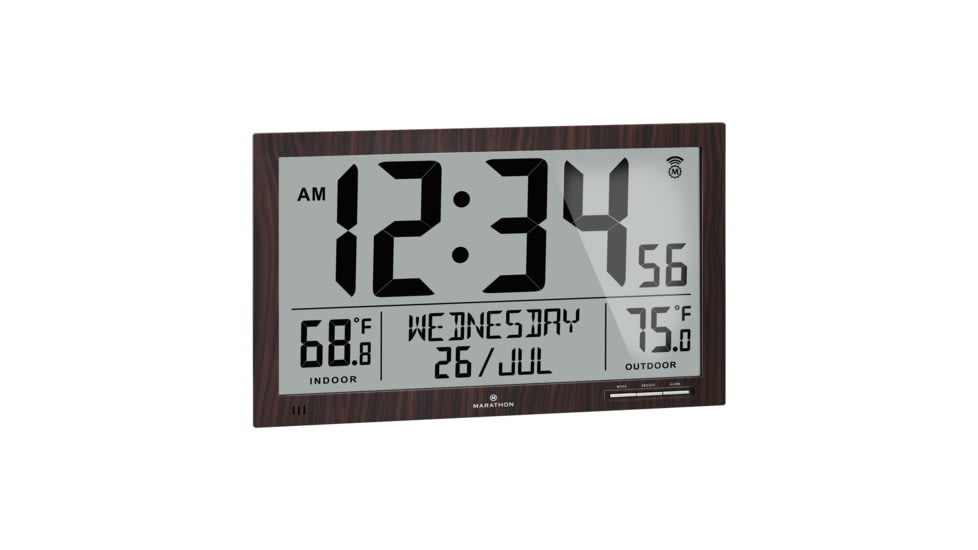 Marathon Slim Atomic Full Calendar Wall Clock w/ Indoor/Outdoor Temperature, Wood, 14.6in x 1.2in x 9in, CL030066-WD-FD-NA