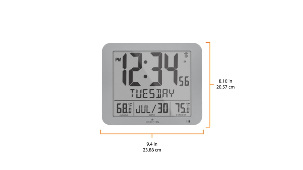 Marathon Slim Atomic Wall Clock w/ Indoor/Outdoor Temperature, Graphite Grey, 9.8in x 1.2in x 8.1in, CL030027-GG-FD-NA