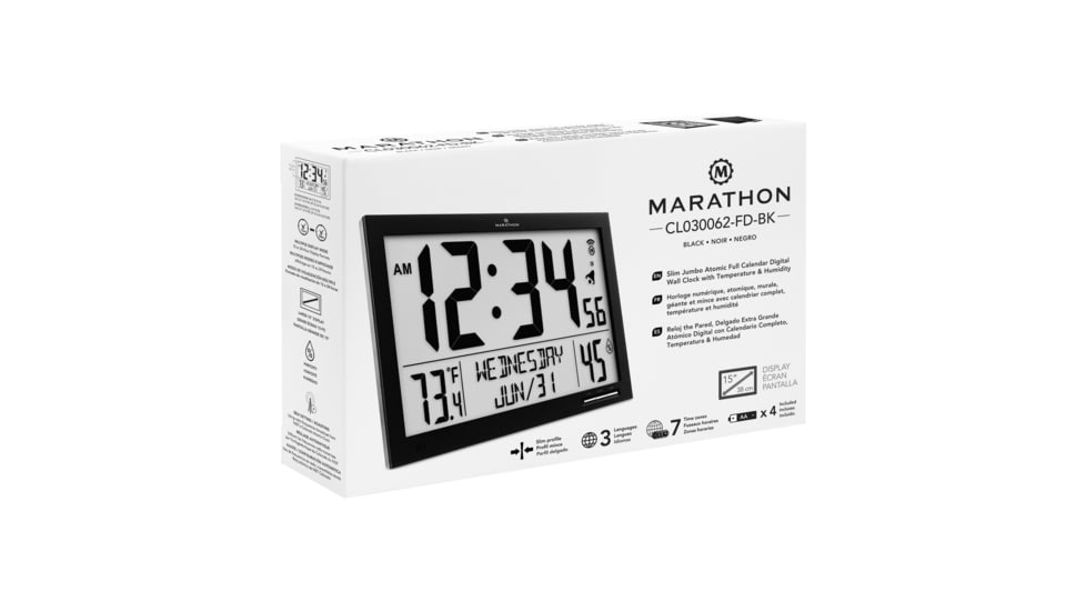 Marathon Slim Jumbo Atomic Digital Wall Clock, Black, 14.6in x 1.2in x 9in, CL030062-BK-FD-NA