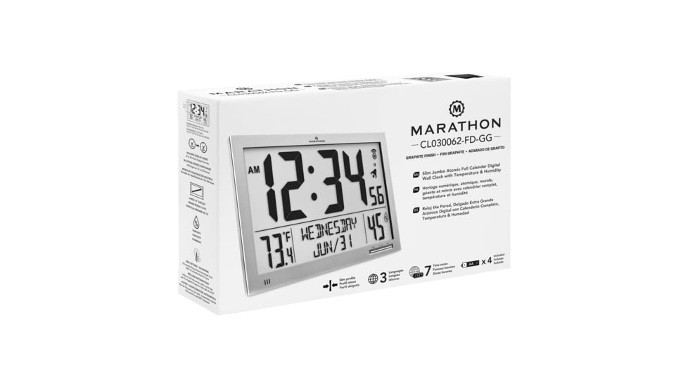 Marathon Slim Jumbo Atomic Digital Wall Clock, Graphite Grey, 14.6in x 1.2in x 9in, CL030062-GG-FD-NA