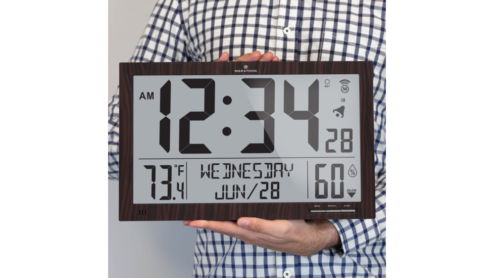 Marathon Slim Jumbo Atomic Digital Wall Clock, Wood, 14.6in x 1.2in x 9in, CL030062-WD-FD-NA