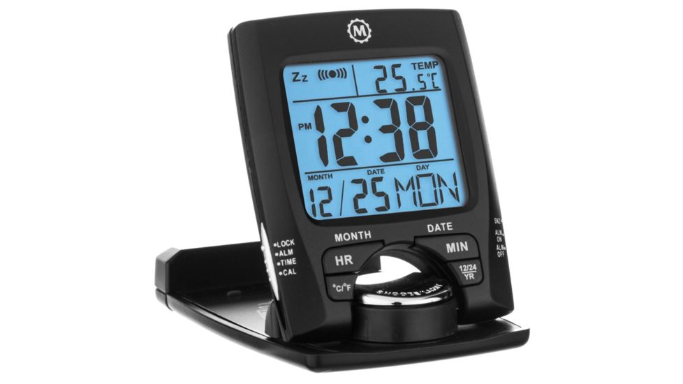 Marathon Travel Alarm Clock w/Calendar and Temperature, Black, CL030023-BK-BK-NA