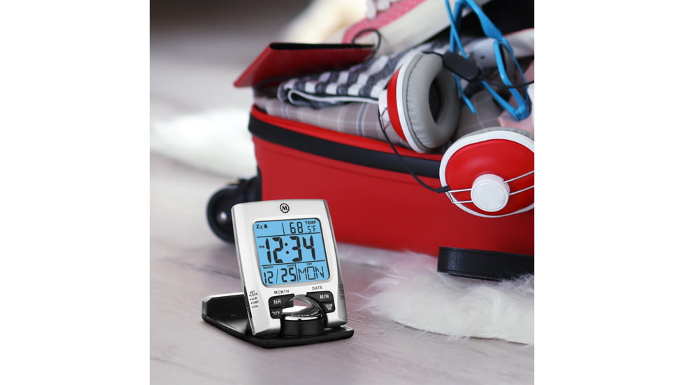 Marathon Travel Alarm Clock w/ Calendar and Temperature, Silver, 2.5in x .5in x 3in, CL030023-SV-BK-NA