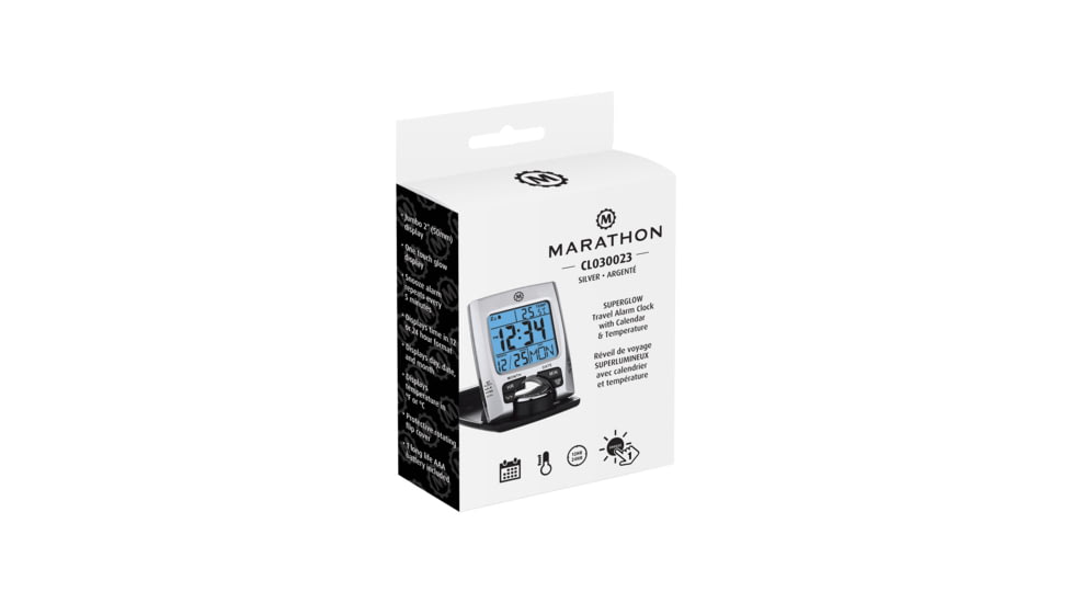 Marathon Travel Alarm Clock w/ Calendar and Temperature, Silver, 2.5in x .5in x 3in, CL030023-SV-BK-NA