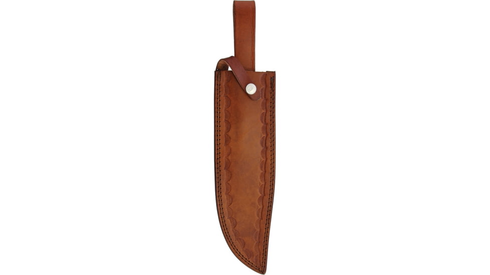 Marbles Bowie Stacked Leather Knife, 16.25in Overall, 10.5in Satin SS Clip Point Blade, Stacked Leather Handle, Brass Guard, Brown Leather Sheath, MR555/ SM1018