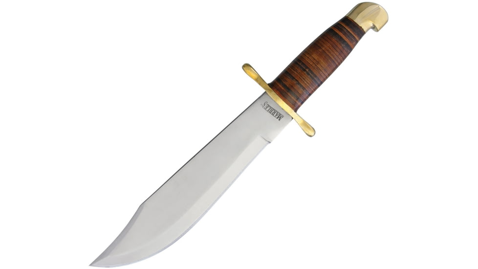 Marbles Bowie Stacked Leather Knife, 16.25in Overall, 10.5in Satin SS Clip Point Blade, Stacked Leather Handle, Brass Guard, Brown Leather Sheath, MR555/ SM1018