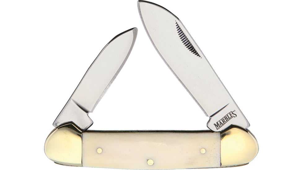 Marbles Canoe White Smooth Bone Folding Knife, Mirror finish stainless spear and pen blades, White smooth bone handle, MR580 / PK352WH