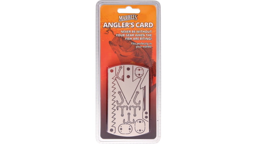 Marbles Fishing Card Tool, 3.5in X 2in, SS, 3 Single Hooks, 3 Double Hooks, Descaler w/ Saw, 3 Swivel Weights/Snare Locks, 1 Arrowhead, 1 Gig, And 2 Sewing Needles, SJX160513 -1 / MR421