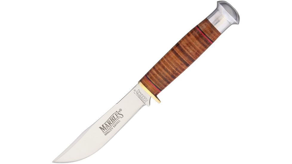 Marbles Fixed Blade Stacked Leather Fixed Blade Knife, 4in, Stainless Steel, Standard Edge, Mirror Polish, Stacked Leather Handle MR302