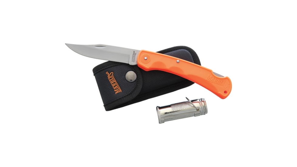 Marbles Grandfather Mountain Folding Knive Set, 5in Closed Lockback, 3.75in Matte Finish SS Clip Point Blade, Orange Finger Grooved ABS Handle, MR425