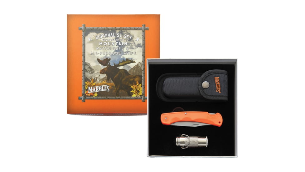 Marbles Grandfather Mountain Folding Knive Set, 5in Closed Lockback, 3.75in Matte Finish SS Clip Point Blade, Orange Finger Grooved ABS Handle, MR425