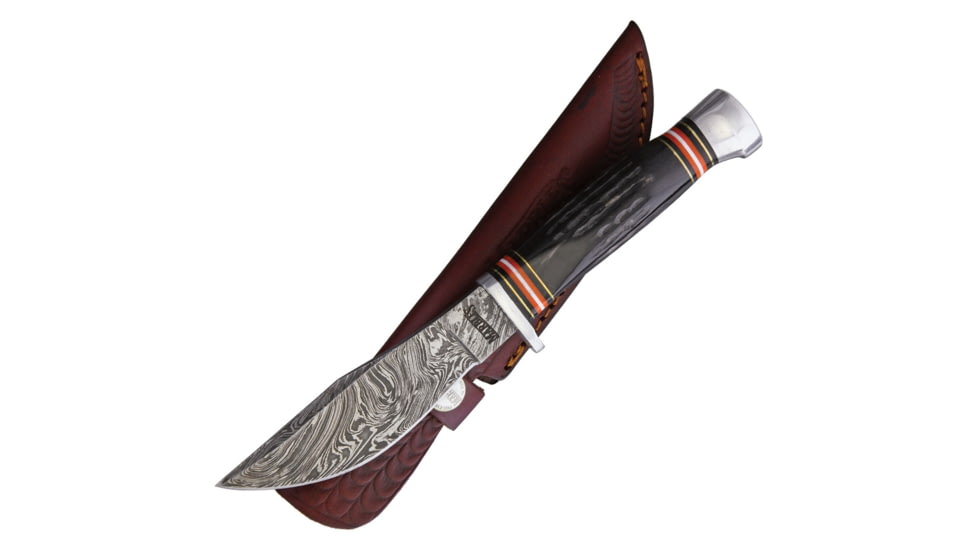 Marbles Horn Damascus Knife, 9in Overall, 4.5in Damascus Steel Blade, Jigged Horn Handle, Brown Leather Sheath, MR460 / EG-741