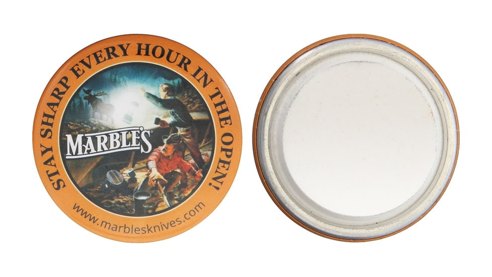 Marbles Hunters Round Sharpener, Round Sharpener, Grit Medium, 2.25 Diameter, Metal Button Style Top With MarbleS Artwork, Round Sharpening Stone On Bottom, MR372