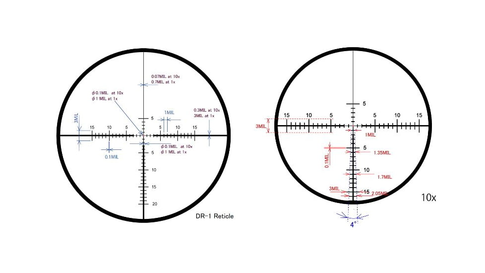 March Scopes Normal Turret Rifle Scope, 1-10x24mm, 30mm tube, DR-1 Reticle, w/6-level Illumination, w/Custom Unimount, Black, NSN None, D10SV24FIMLN-P DR-1 reticle