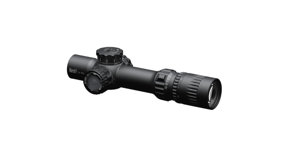 March Scopes Tactical Turret Shorty Rifle Scope, 1X-10X24mm, FFP, FMC-1 Reticle, w/ 6-level Illumination, Black, NSN None, D10SV24FIML FMC-1 Reticle