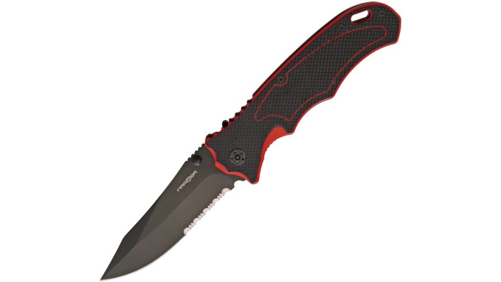 MARSER Kampfer 9 Linerlock Black/Red Folding Knife,4in,Partially Serrated,Black MRSKA9