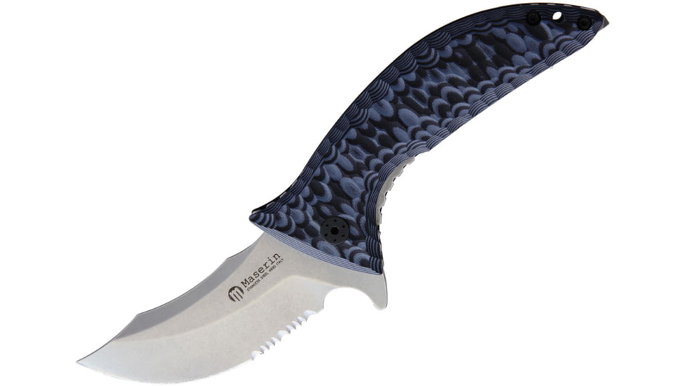 Maserin 640 Ghost Linerlock Blue Folding Knife, 3.5 stonewash finish partially serrated Bohler N6, Black and blue sculpted G10 handle, 640G10G