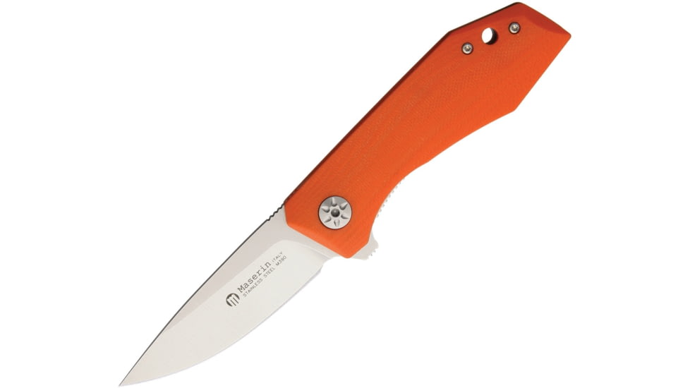 Maserin AMK3 M390 G10 Folding Knife, 3in Satin Bohler M390 SS Drop Point, Orange Handle, Pocket Clip, G10/Carbon Fiber Handle, Orange, 377/G10A