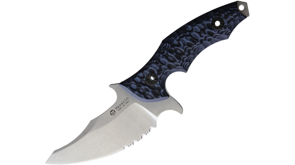 Maserin Badger Fixed Blade Knife, 4.25 stonewash finish partially serrated D2 tool , Black and blue sculpted G10 handle, 940G10G