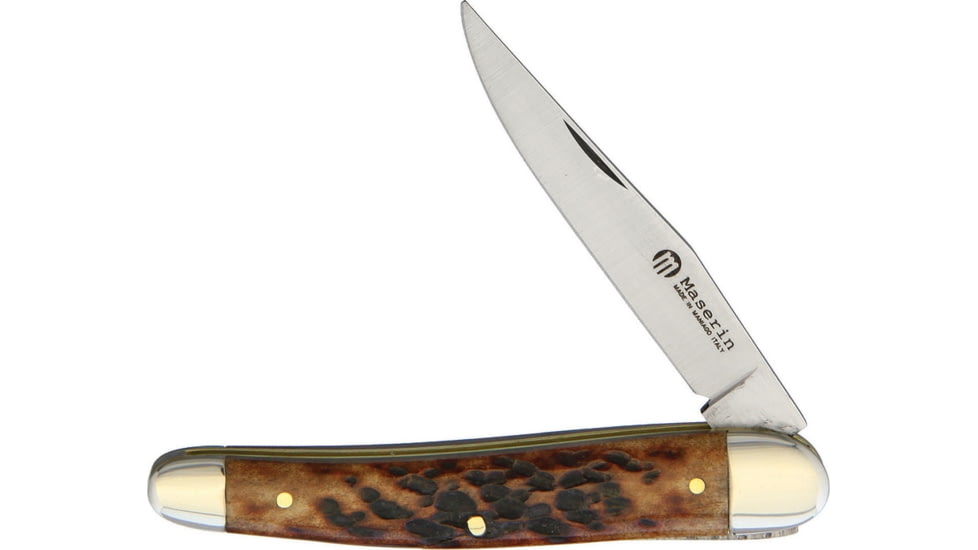 Maserin Slip Joint Jigged Bone Folding Knife, Satin SS Clip Point Blade, Brown Jigged Bone Handle, Nickel Silver Bolster, Brown, CE618