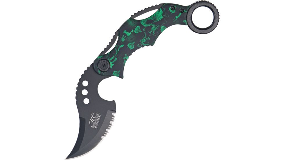 Master Collection Dragon Karambit A/O Fold Knife, SS Assist Black Partially SE, Green Handle MCA010GN