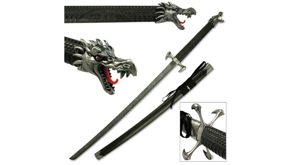 Master Cutlery Fixed Blade, 41in, Stainless Steel Blade, Features A Fire Dragon End Cap W/Molded Dragon Scale Handle SW-338BK