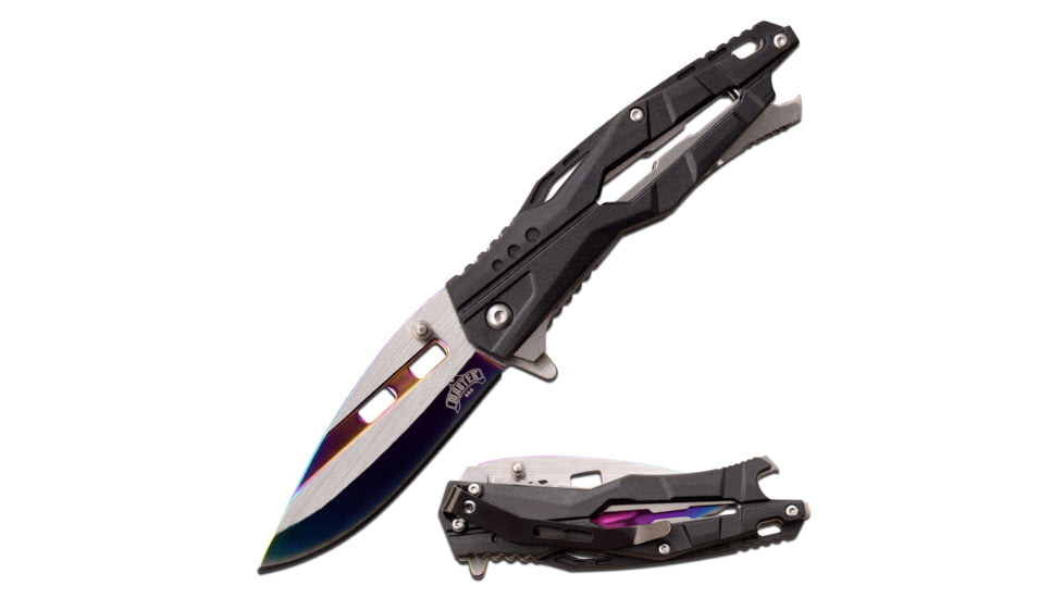 Master USA Drop Point Spring Assisted Knife, 3.5 in, 3Cr13 Stainless Steel Stainless Steel, Rainbow Black, MU-A108RB