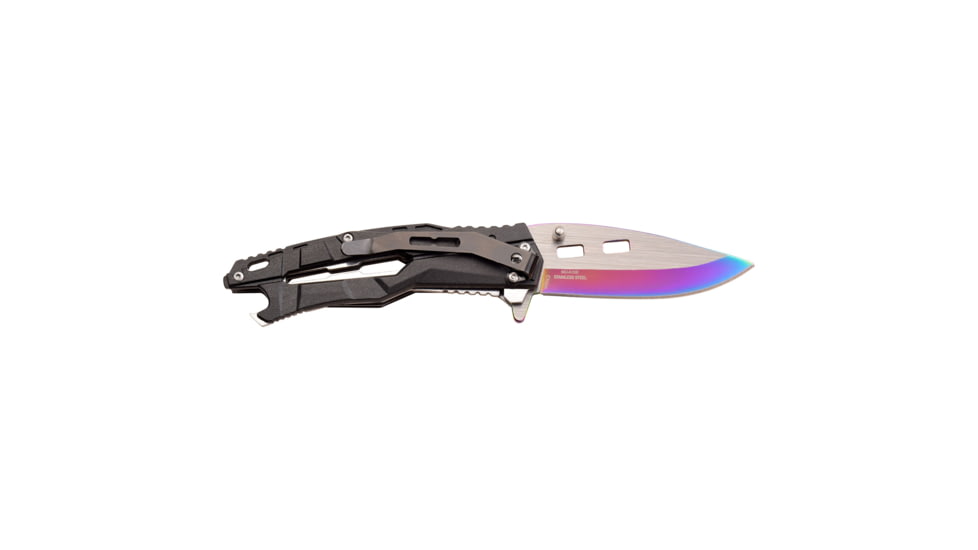 Master USA Drop Point Spring Assisted Knife, 3.5 in, 3Cr13 Stainless Steel Stainless Steel, Rainbow Black, MU-A108RB