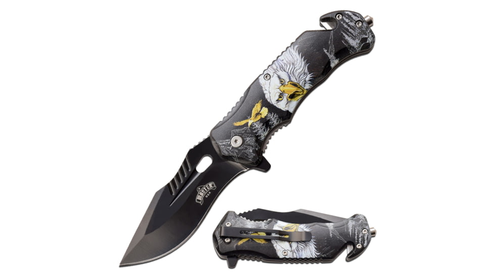Master USA Embossed Printing Spring Assisted Knife, 3.75 in, 3Cr13 Stainless Steel Stainless Steel, Drop Point, Black Eagle, MU-A116A