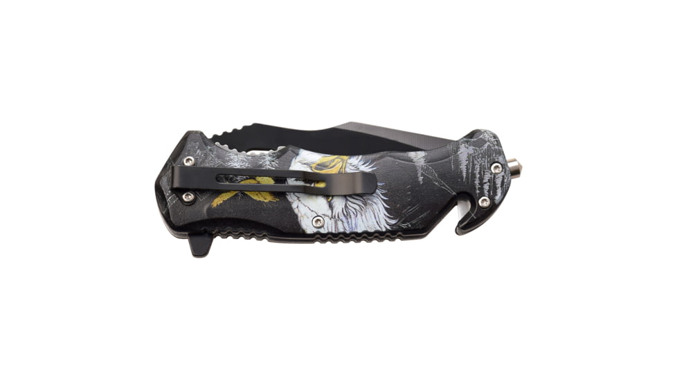 Master USA Embossed Printing Spring Assisted Knife, 3.75 in, 3Cr13 Stainless Steel Stainless Steel, Drop Point, Black Eagle, MU-A116A