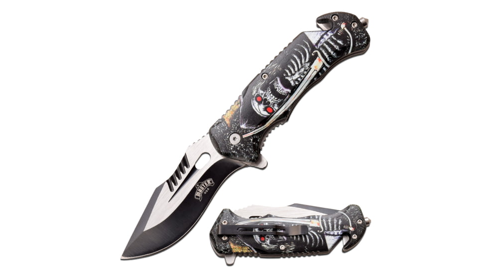 Master USA Embossed Printing Spring Assisted Knife, 3.75 in, 3Cr13 Stainless Steel Stainless Steel, Drop Point, Black/Grey Skeleton, MU-A116K