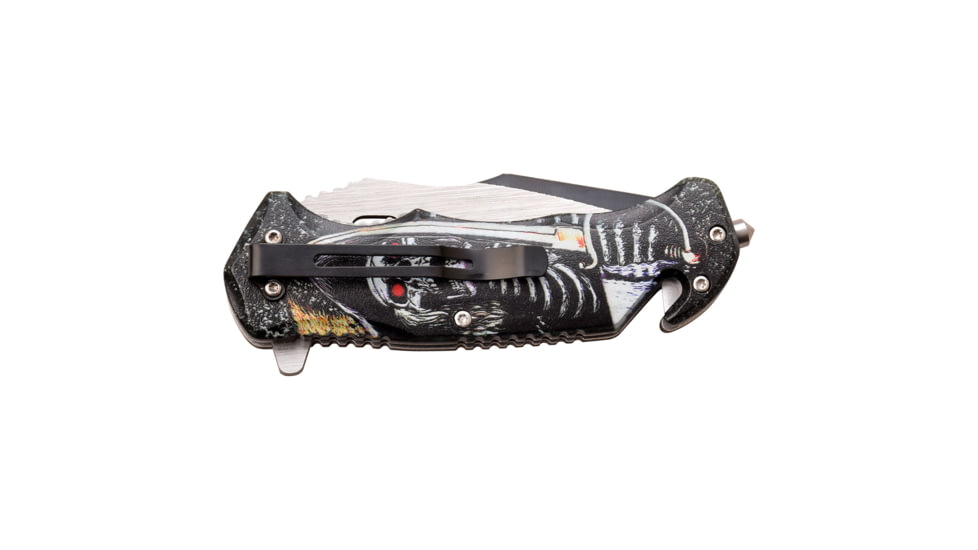 Master USA Embossed Printing Spring Assisted Knife, 3.75 in, 3Cr13 Stainless Steel Stainless Steel, Drop Point, Black/Grey Skeleton, MU-A116K