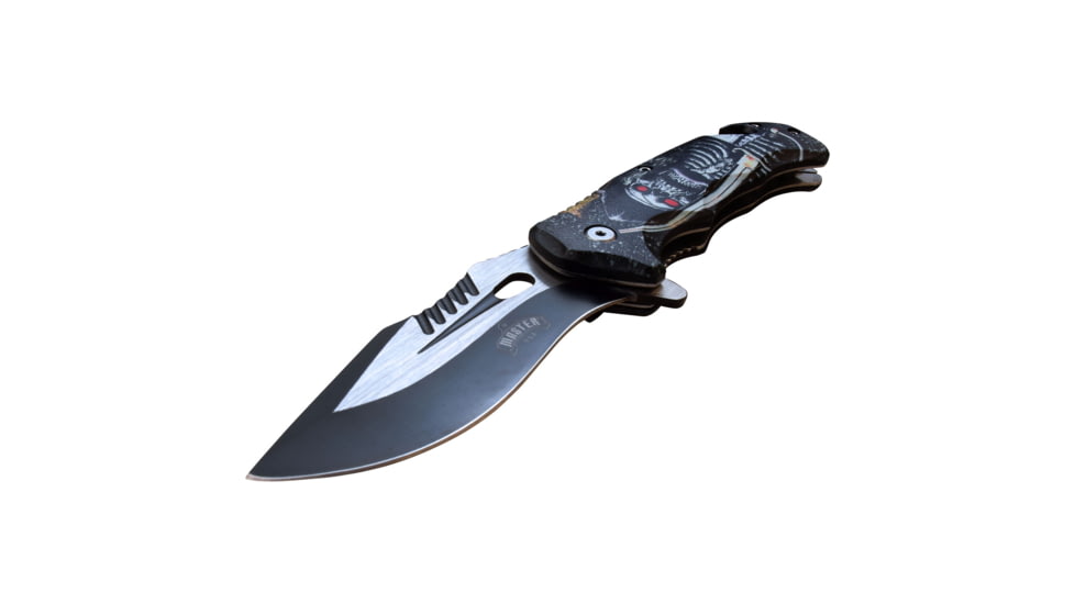 Master USA Embossed Printing Spring Assisted Knife, 3.75 in, 3Cr13 Stainless Steel Stainless Steel, Drop Point, Black/Grey Skeleton, MU-A116K