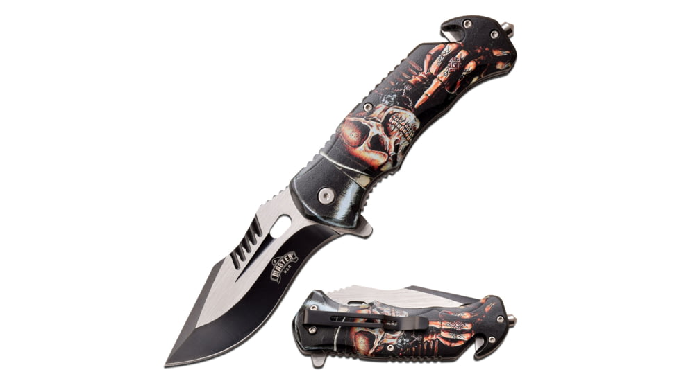 Master USA Embossed Printing Spring Assisted Knife, 3.75 in, 3Cr13 Stainless Steel Stainless Steel, Drop Point, Black/Red, MU-A116C