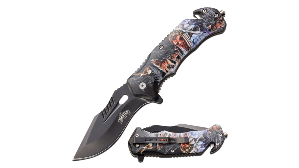 Master USA Embossed Printing Spring Assisted Knife, 3.75 in, 3Cr13 Stainless Steel Stainless Steel, Drop Point, Multicolor Indians, MU-A116I