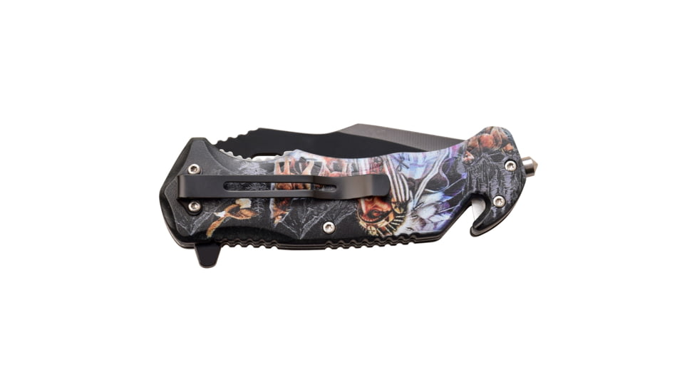 Master USA Embossed Printing Spring Assisted Knife, 3.75 in, 3Cr13 Stainless Steel Stainless Steel, Drop Point, Multicolor Indians, MU-A116I