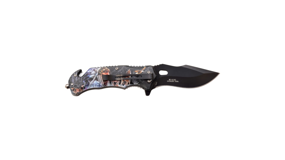 Master USA Embossed Printing Spring Assisted Knife, 3.75 in, 3Cr13 Stainless Steel Stainless Steel, Drop Point, Multicolor Indians, MU-A116I