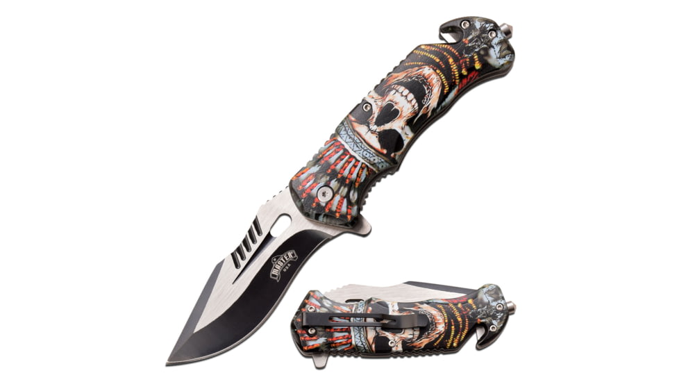 Master USA Embossed Printing Spring Assisted Knife, 3.75 in, 3Cr13 Stainless Steel Stainless Steel, Drop Point, Multicolor Skeleton, MU-A116J