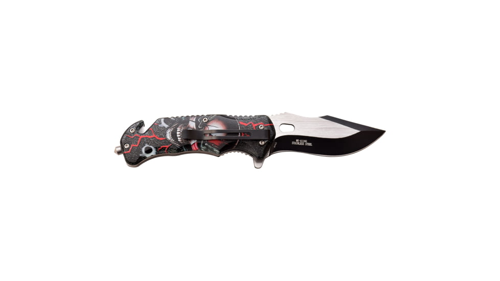 Master USA Embossed Printing Spring Assisted Knife, 3.75 in, 3Cr13 Stainless Steel Stainless Steel, Drop Point, Red/Black Skeleton, MU-A116G