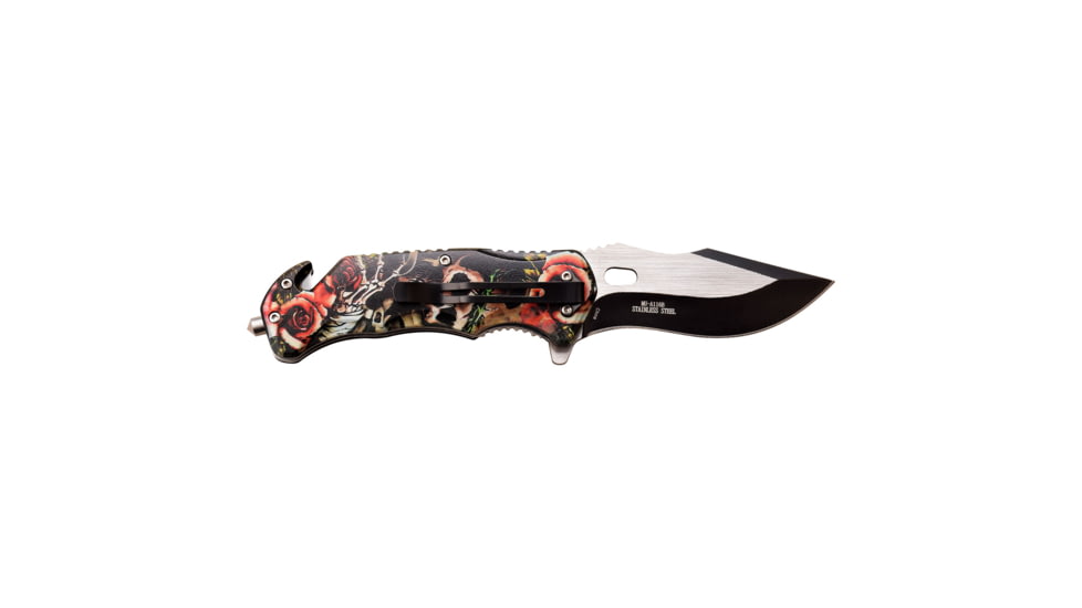 Master USA Embossed Printing Spring Assisted Knife, 3.75 in, 3Cr13 Stainless Steel Stainless Steel, Drop Point, Red/Brown, MU-A116B