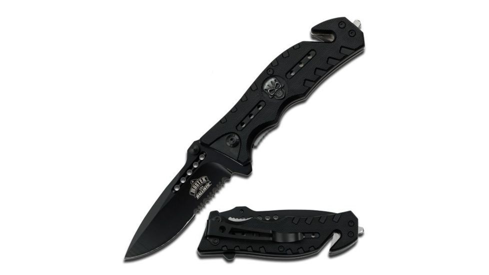 Master USA Folding Blade, 3.25in, Stainless Steel Blade, Skull Medallion On G10 Effect Black Nylon Fiber Handle MU-A010BK