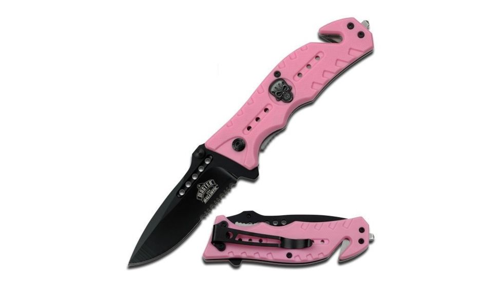 Master USA Folding Blade, 3.25in, Stainless Steel Blade, Skull Medallion On G10 Effect Pink Nylon Fiber Handle MU-A010PK