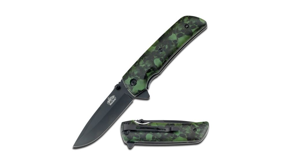 Master USA Folding Blade, 3.5in, Stainless Steel Blade, Green Skull Camo Nylon Fiber Handle MU-A005GN