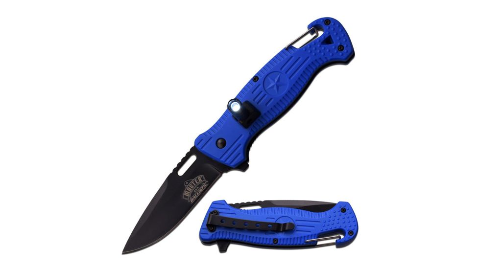 Master USA Folding Blade, 3.5in, Stainless Steel Blade, Led Light, Blue Nylon Fiber Handle MU-A035BL