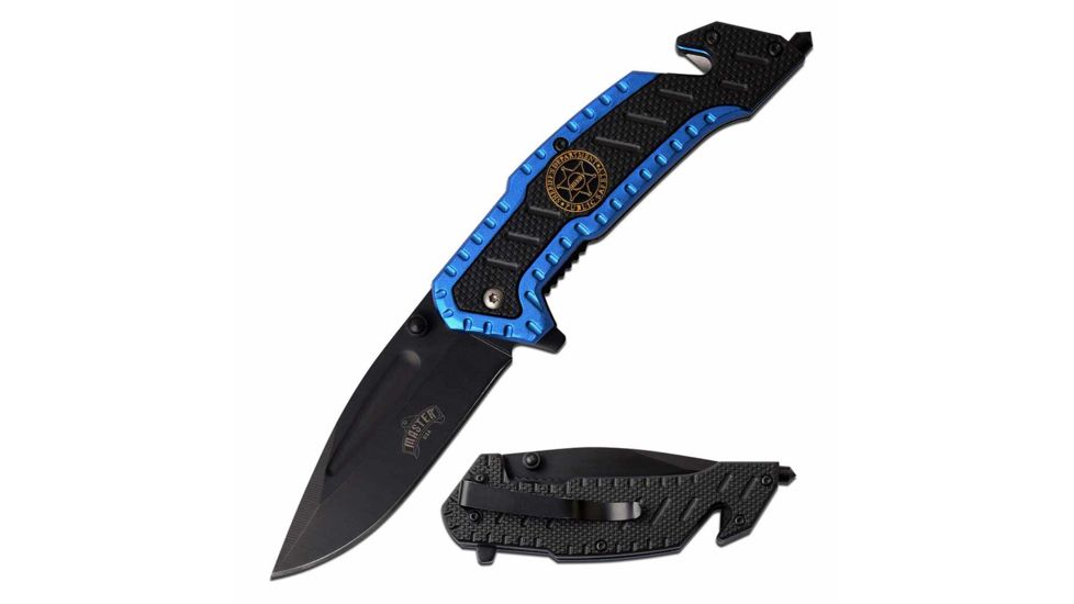 Master USA MU-A056BL Spring Assisted Knife, 3.1in, 3CR13 Stainless Steel, Spear Point, Black Blade, Injection Molded Handle, Blue/Black, MU-A056BL
