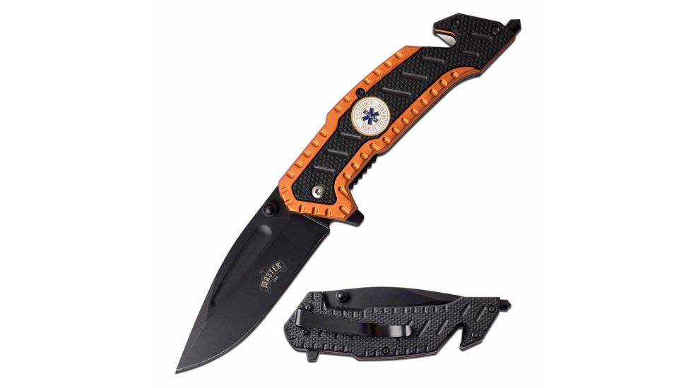 Master USA MU-A056OR Spring Assisted Knife, 3.1in, 3CR13 Stainless Steel, Spear Point, Black Blade, Injection Molded Handle, Orange/Black, MU-A056OR