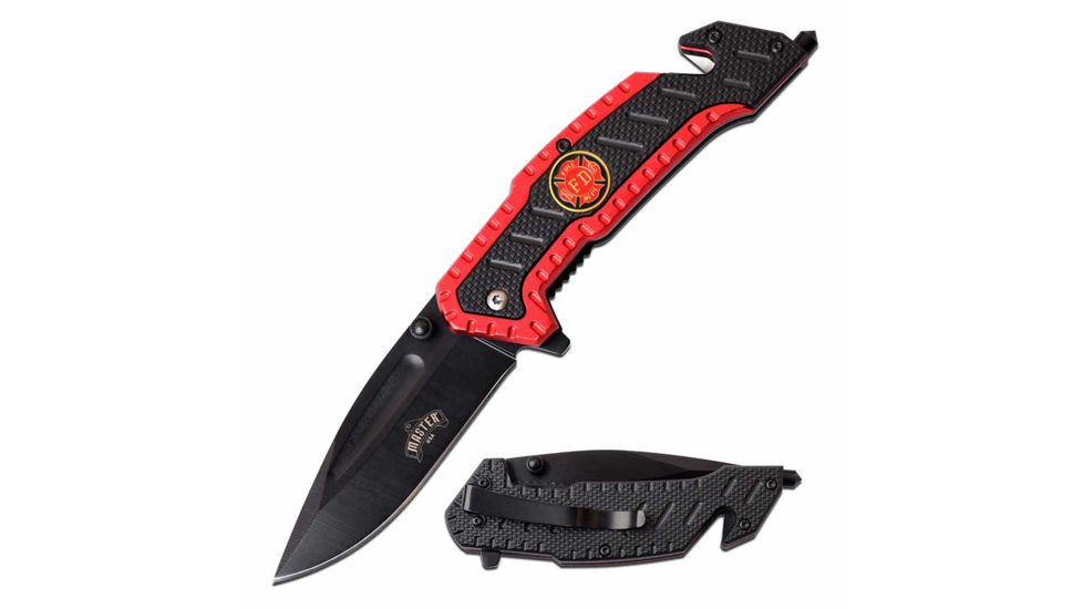 Master USA MU-A056RD Spring Assisted Knife, 3.1in, 3CR13 Stainless Steel, Spear Point, Black Blade, Injection Molded Handle, Red/Black, MU-A056RD