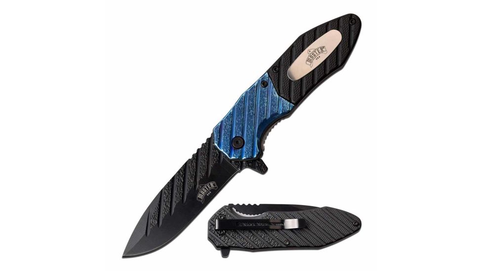 Master USA MU-A059BL Spring Assisted Knife, 3.5in, 3CR13 Stainless Steel, Spear Point, Black Blade, Injection Molded Handle, Blue/Black, MU-A059BL
